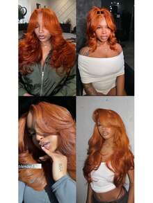 180%密度 10英寸 13x4 波浪卷蕾丝前假发 真人混纺发丝 预先拔毛 13x4 前额假发 真人混纺发丝 高清蕾丝波浪卷假发 真人混纺发丝 女士假发 姜橙色 350 - S350 - 查看 5