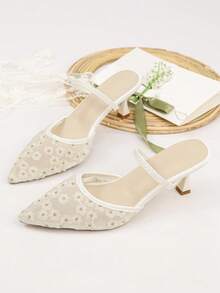 2026 Spring New White Mule Heels, Women's Pointed Toe Lace Embroidered Slip-On Sandals, Elegant Ladies High Heels, Suitable For Elegant Party And Wedding - White - View 7