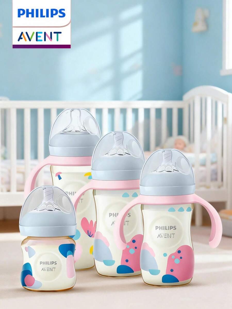 Philips Avent PPSU材质婴儿奶瓶，艺术启蒙色彩系列，适合新生儿至六个月宝宝，容量分别为4.2盎司、8.8盎司和11.2盎司，配备自然响应奶嘴，慢速流速