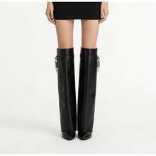 Fashionable Women's Knight Boots Made Of Genuine Leather In The New 2026 Style With Metal Buckles, Comfortable Wedge Heels And Invisible Heel Enhancement – Perfect For Everyday Wear And Travel. - 高品質黑色 - 查看 5