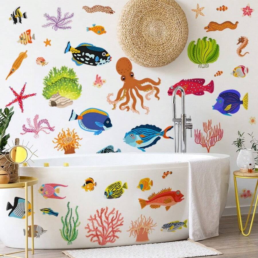 4 Miếng Dán Tường Sinh Vật Biển - Sứa, Cá Voi, Rùa Biển, Cá Ngựa, Sao Biển - Hình dán vinyl chống thấm nước, có thể tháo rời, trang trí cảnh dưới nước cho phòng tắm và phòng ngủ, trang trí bể cá, sử dụng một lần. - A - Xem 1