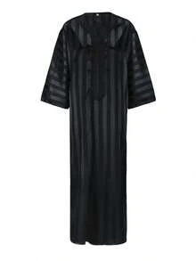 Middle Eastern Style Embroidered Robe, Black Casual Long Robe For Arab Youth, Classic Men's Robe - Black - View 3