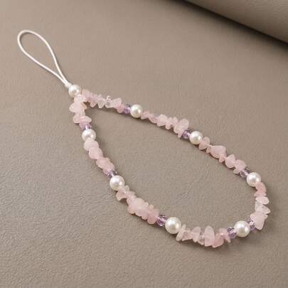 Natural Rose Quartz Chips & Faux Pearl Beaded Phone Charm - Aesthetic Pink Crystal Phone Lanyard Wrist Strap For Women & Girls