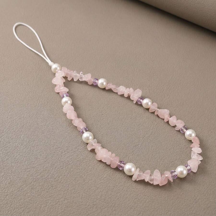 Pink Crushed Stone Natural Rose Quartz Chips & Faux Pearl Beaded Phone Charm Pink Crystal Aesthetic Phone Lanyard Wristlet Suitable For Women & Girls Spring Gift - Baby Pink - View 1