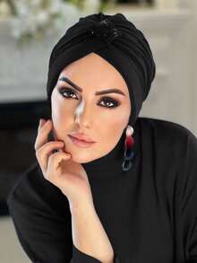 Women's Solid Color Muslim Headscarf With Rhinestone Decoration - Black Sequins - View 2