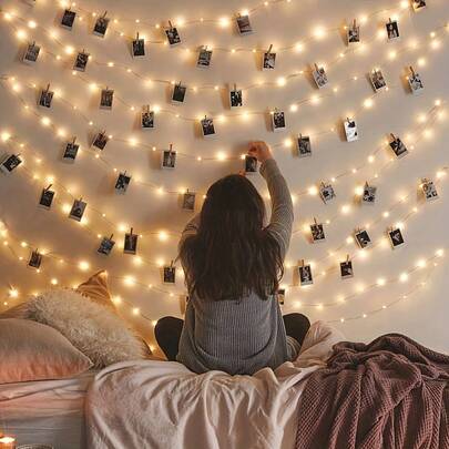1Set 1.5M/3M/6M LED Photo Clip String Lights With 10/20/50 Clips, Battery Operated Fairy Lights For Bedroom Wall Decor, Wedding, Birthday Party & Mother's Day Decoration,Graduation Party(Battery Not Included)