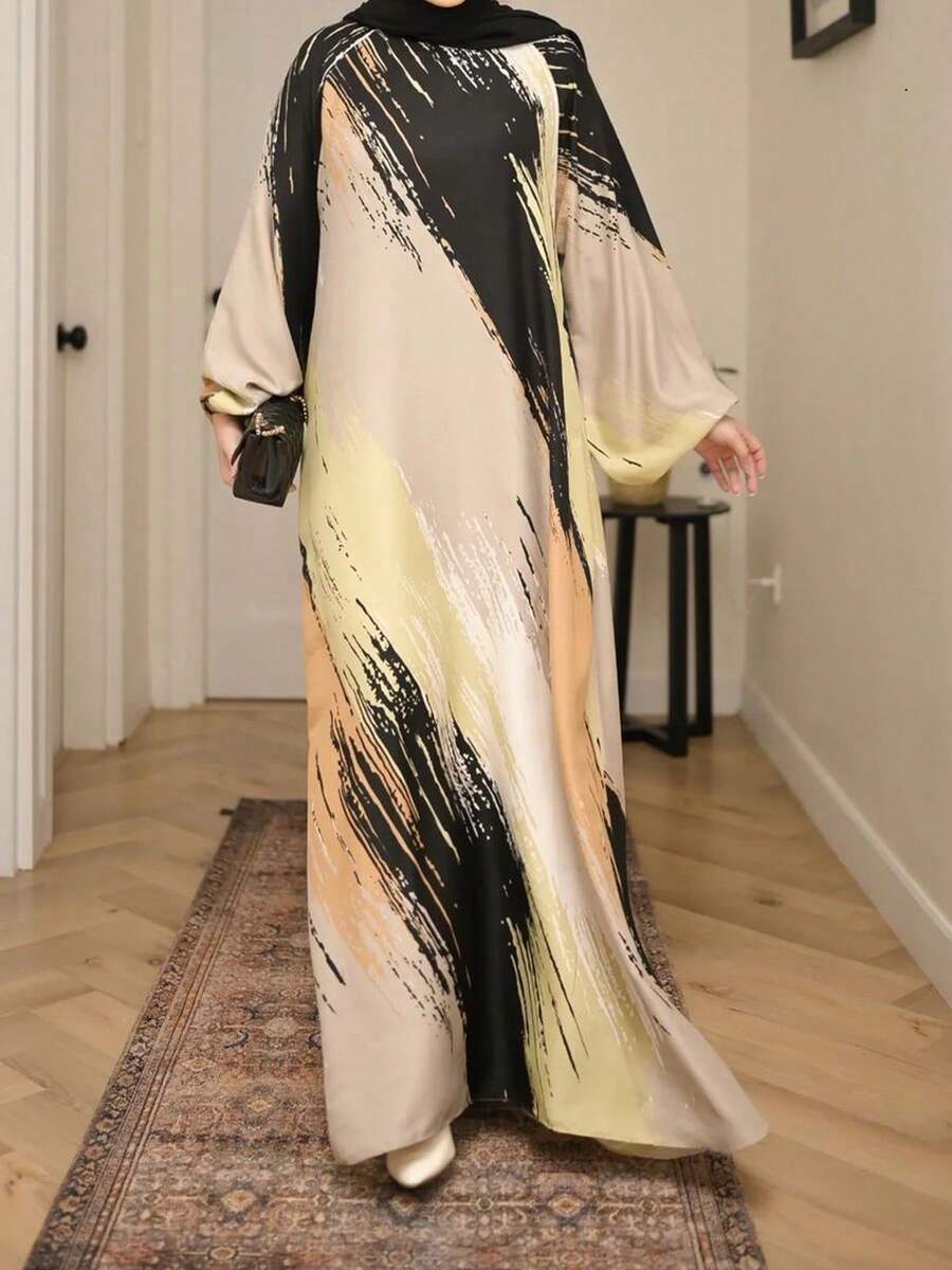 Artistic Brushstroke Print Abaya, Women Long Sleeve Robe Vacation Spring - Yellow - View 1