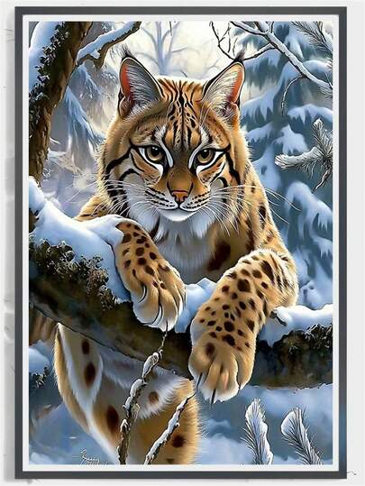 5D钻石画套装 - 雪中猞猁，精美钻石画，含工具和画布，卧室和客厅装饰的理想之选，完美的母亲节礼物，成人入门级手工，无框墙饰，礼品 | 自然灵感艺术 | 精致艺术品，猞猁
