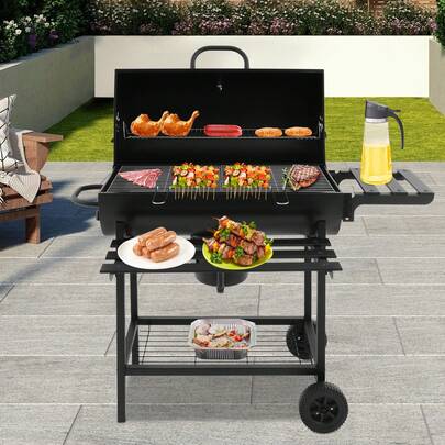 Outdoor Charcoal Grill With Griddle, Extra Large BBQ Grill With 2-Tier Cooking Racks And Storage Shelves, For Big Family Gathering