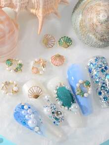 奢华混搭夏季海滩海洋风美甲合金配件，美甲装饰用品，滴油彩色贝壳海星珍珠花环镂空金属水钻装饰美甲 - 彩色 - 查看 5