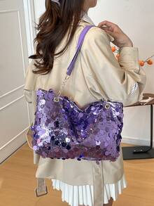 2026新款亮片腋下包，欧美时尚单肩手提包，大容量通勤链条托特包 - 紫色 - 查看 2