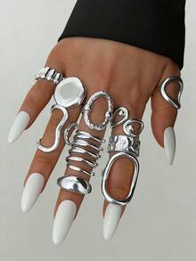 10pcs/Set Vintage Elegant Bohemian Gothic Style Silver Rings, Containing Hollow Asymmetrical Geometric Teardrop Open Stacking Multi-Element Design Rings, Suitable For Daily, Party, Date, Holiday Wear, Gift - Silver - View 3
