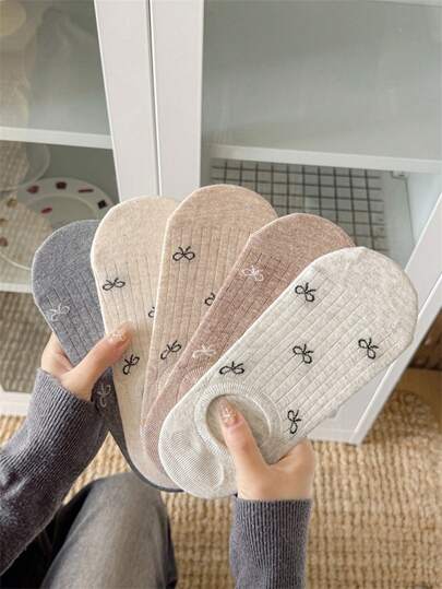 5双装女士隐形袜 - 畅销款花朵蝴蝶结公主隐形袜，网眼条纹设计，适合春秋季节，外出必备，无纸盒包装，颜色随机发货