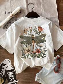Women's Vintage Style Dragonfly And Floral Print T-Shirt, Double-Sided Print For Spring/Summer, Casual Daily Wear, Short Sleeve, Round Neckiphone 17 Pro Case,Plus Size,Women Clothes,Stylish Outfits,100 Percent Cotton Clothing Women,Fashionable Women's Apparel ,Festival Outfits For Women,Summer Outfits,Summer Tops,Vacation Outfits Women,Graphic Tees Women,Summer Outfits For Women,Graphic Tee,Summer Clothes,Easter Outfit Women - 白色 - 查看 2