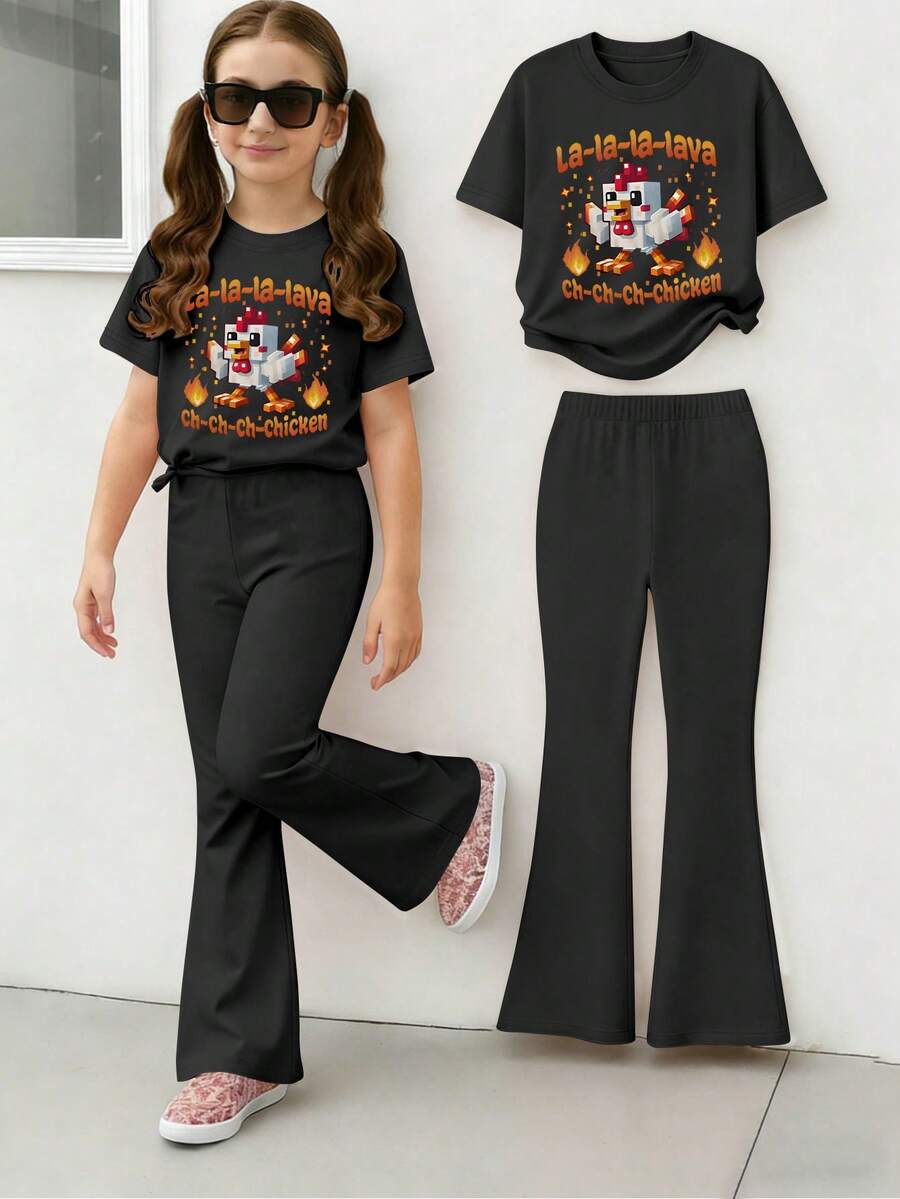 This Casual Set Features A Unique Firebird Print Design, Including A Pink Short Sleeve Round Neck T-Shirt And A Pink Flare Pants. - Black - View 1