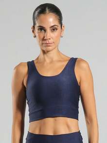 FITNATION Leggings Set With Waistband Pocket + Longline Cropped Top In Micro-Ribbed Fabric With SHINE And HIGH Elasticity And Support. - Navy Blue - View 5
