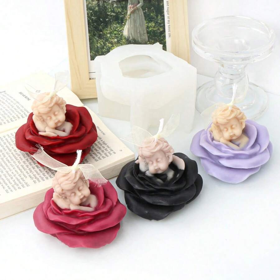 Rose Angel Baby Scented Candle Silicone Mold, DIY Angel Baby Plaster Mold, Wedding Favor Soap Mold - White - View 1