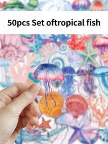 Set de 50 pegatinas transparentes con diseños de peces tropicales de dibujos animados para personalizar y decorar guitarra, equipaje, refrigerador, vaso de agua, planificador, computadora portátil y talla grande - Multicolor - Ver 8