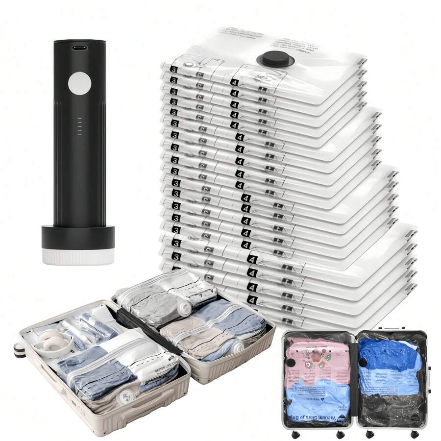 Travel Vacuum Bags With Portable Electric Pump, 12 Combo (3XL/3L/3M/3S) Compression Packing Seal Cubes For Clothing Suitcase Luggage Organizer, Space Saver Clothes Storage Bags - View 1