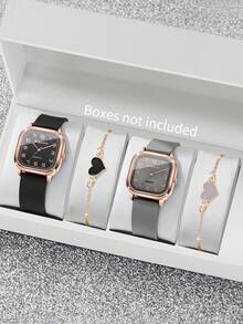 4pcs/Set Women's Silicone Square Watch With Numeric Dial, Classic Quartz Wristwatch + Heart-Shaped Bracelet (Watch Box Not Included) - Multicolor - View 1