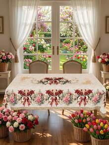 1pc Spring Floral Tablecloth, Vintage Rose Print With Red Bow And Lace Trim Tabletop Cover, Suitable For Spring And Mother's Day Themed Gatherings, Waterproof And Stain-Resistant Polyester Tablecloth For Kitchen And Dining Room, Spring Brunch And Mother's Day Party Supplies - Multicolor - View 12