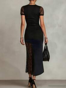 Sedessea Vestido elegante negro ajustado para mujer, diseño de cuello en V con pliegues, detalles de encaje en contraste, manga corta, nuevo lanzamiento - Negro - Ver 6