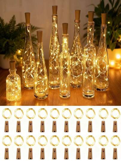10pcs Wine Bottle Lights With Cork, 2M 20LED Battery Powered LED Cork Shaped Silver Copper Wire Colorful Fairy Lights, Suitable For Mason Jars, Party, Wedding, Christmas, Holiday, Bar Decor - DIY, Halloween Decor, Wedding Decor