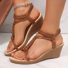 Comfortable Bohemian Sandals For Women Dressy Braided Strappy Open Toe Wedges Summer Elastic Ankle Strap Walking Beach Shoes Platform - màu nâu - Xem 6