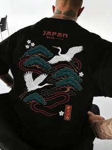 Zrgoth 男士休闲百搭简约仙鹤印花日式短袖T恤 - 黑色 - 查看 2