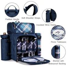 ALLCAMP Cesta de picnic para 4 personas con 2 compartimentos aislados soporte desmontable para botellas/vino manta de forro polar platos y cubiertos para reuniones familiares parejas y amigos - Azul - Ver 4