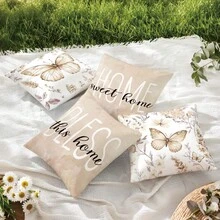 MEMNUN 4件套水彩蝴蝶结图案“家，甜蜜的家 & 家是你故事的开始”印花抱枕套（不含枕芯），采用桃绒面料，单面印花，枕套尺寸：17.7*17.7英寸（45*45厘米）/19.69*19.69英寸（50*50厘米）/15.75*15.75英寸（40*40厘米），家居装饰抱枕套，卧室装饰枕套，礼品 - 彩色 - 查看 8