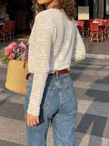 2026新款HoloChill女士休闲纯色镂空蝴蝶结轻薄罩衫，夏季休闲百搭长袖罩衫，女士春季服装，女士假日派对上衣，女士沙滩装，女士优雅夏季度假服 - 白色 - 查看 4