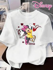 Disney Womens Classic Minnie Mouse Graphic Cotton T-Shirt Casual Short Sleeve Round Neck Summer Regular Top - 白色 - 查看 1