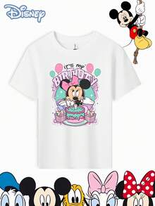 Minnie Mouse Birthday Cake Cute D Isney Cartoon Pattern Round Neck Pure Cotton Girls Short Sleeved T Shirt Printed With Disney Animated Character Patterns Spring Summer Style Round Neck Made Of Soft Comfortable Breathable Fabric Suitable For Daily Wear Shopping Parties And Gatherings And Can Also Be Used As A Gift - trắng - Xem 2