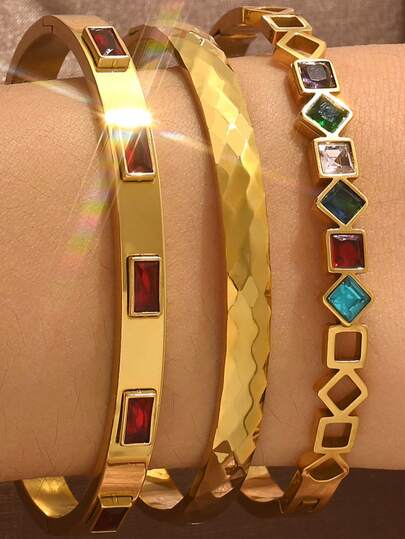 1套/1件/3件装不锈钢四叶草立方氧化锆手镯，优雅手镯套装，适合女性日常佩戴和派对礼物