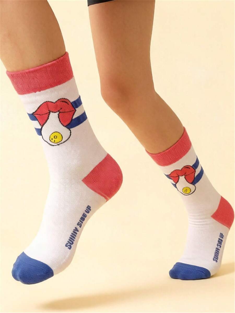 1双女士趣味鸡蛋表情透气中筒袜，街头风日常穿搭，春秋季 - 彩色 - 查看 1