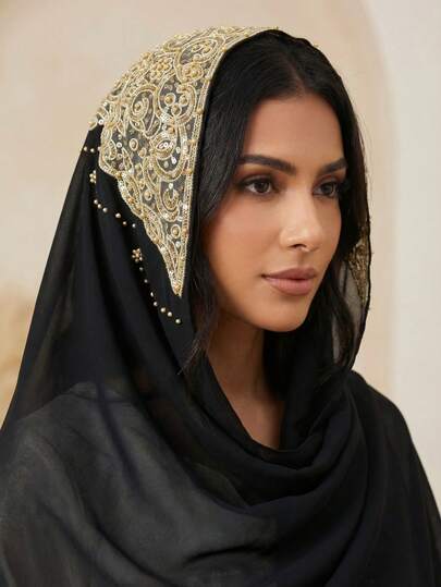 1pc Elegant Boho Style Chiffon Hijab, Gold Beaded Paisley Embroidery Headscarf, Lightweight Breathable Hair Wrap Suitable For Daily Wear & Abaya Dress, Mother's Day Gift