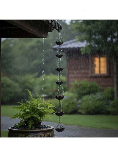 Adjustable Umbrella-Shaped Rain Chain, Outdoor Drainage Gutter Downspout Chain, Black Powder Coated Decorative Rain Water Diversion Chain, Tool-Free Installation Alternative To Downspout
