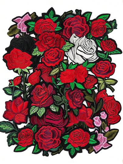 20pcs/Random Rose Flower Embroidered Iron-On Patches, Suitable For DIY Clothing And Accessories - Unique Design Embroidered Patches For Hats, Jeans, Jackets, Etc., Cute Cartoon Embroidered Appliques