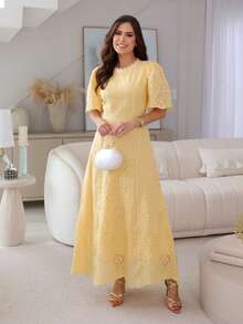 Josiane Modesto Maxi Midi Dress In Cotton Embroidered With Guipure Lace And Back Zipper – Elegant And Delicate - Yellow - View 3