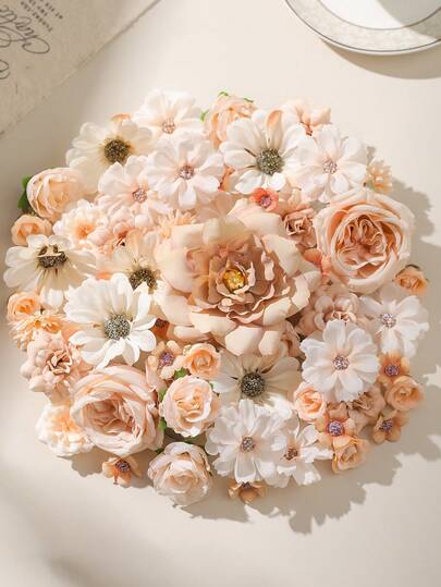 20pcs/50pcs Set Champagne Artificial Flower Heads, Suitable For Mother's Day Gift, Home Decor, Bedroom Ornament, Wedding Ceremony Floral Bouquet, Bridal Wreath, Office Desk, Bride Flower Crown Making