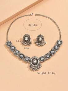 1件复古中东风极简串珠项链，1对复古串珠个性化耳环（女士款） - 復古銀色 - 查看 2