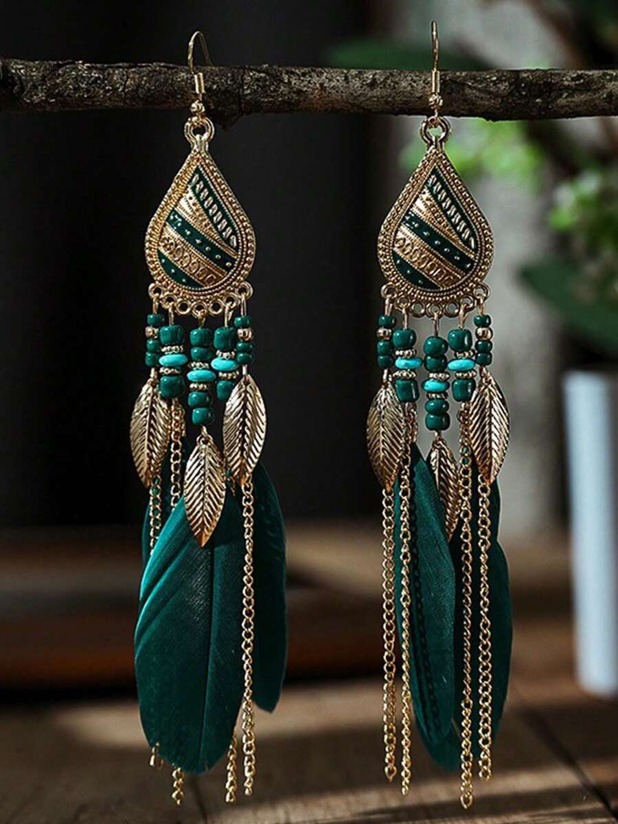 女士水滴形珐琅天然羽毛链耳环一对 - 墨綠色 - 查看 1