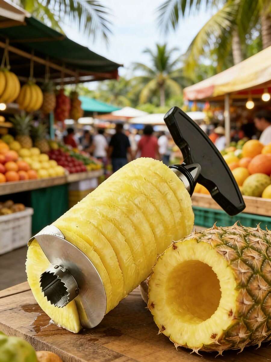 1pc Stainless Steel Pineapple Peeler And Slicer, Made Of High-Quality Stainless Steel, With Yellow Non-Slip Easy-Grip Handle, One-Button Operation To Peel, Core, And Slice Pineapple And Other Fruits, Durable And Rust-Resistant, Simplifies Fruit Preparation Process