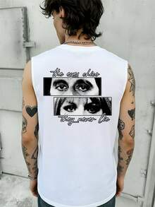 FRACTYR Men's Casual Black & White Figure Street Style Sleeveless T-Shirt, Versatile Daily Fashion - White - View 2