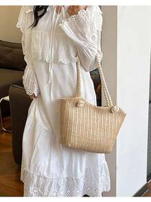 Popular Large-Capacity Grass-Weave Ins Style Tote New Fashion 2026 Braided Versatile Thick Rope Crossbody Bag - Brown - View 3