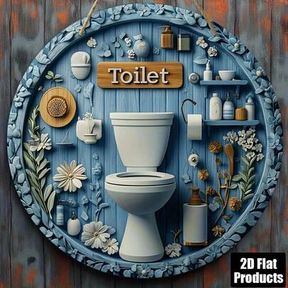 1pc 2D Flat - [Compact Size] Fashionable Toilet Sign Wall Art - 8"X8" Round Wooden Decor With Humorous Bathroom Info, Blue Toilet Seat And Tank Design, Suitable For Home, Bar, Cafe Or Office Decor, Pre-Drilled Holes As Shown In Size