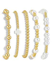 Bộ 5 vòng tay thánh giá vàng cho nữ, kiểu dáng thanh lịch, mạ vàng 14K, dây đeo co giãn, thích hợp để đeo nhiều lớp. Quà tặng thánh giá, trang sức thời trang, quà tặng tín ngưỡng, quà tặng Cơ đốc giáo. - Vàng - Xem 6