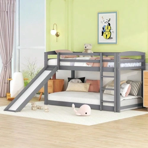 Bunk Bed For Children And Teenagers, Kids' Bed With Slide, Solid Wood Frame, Easy Assembly, 90 X 200 Cm, Grey - Grey - View 1