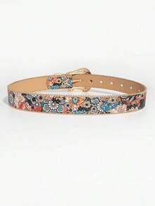 1pc Women's Multicolor Asymmetrical Flower Embossed With Gold Plated Palace Style Carved Metal Buckle Waist Belt, Versatile Accessory For Jeans Summer, School Fall, Autumn, Halloween L8JQ - 雕刻牛頭圖案皮帶扣,淺綠色印花 - 查看 3